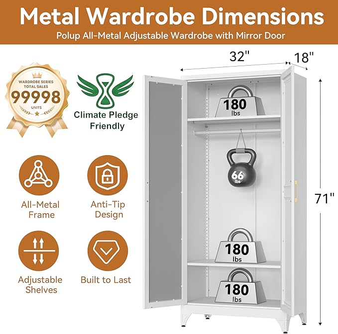 Polup Metal Armoire Wardrobe Closet with Mirror, 71" Tall Steel Clothing Storage Cabinet with 2 Doors, Hanging Rod and Adjustable Shelves, Freestanding Clothes Organizer for Bedroom, Office, White