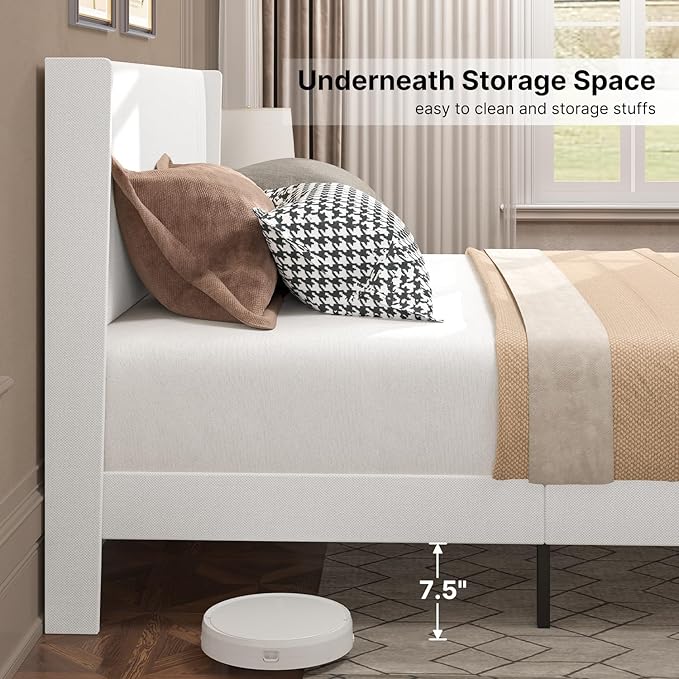 Gizoon Queen Bed Frame, Upholstered Platform Bed with Wingback and Modern Geometric Headboard, Wooden Slats, Noise-Free, No Box Spring Needed
