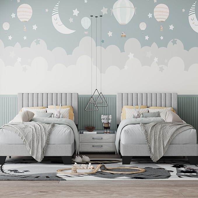 Twin Bed Frame, Fabric Upholstered Platform Bed Frame with Adjustable Headboard, Vertical Quilted Design, Sturdy Slatted Mattress Base, Easy to Assemble, Light Gray