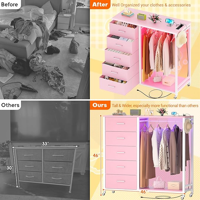 Cyclysio Dresser with Hanging Rack, 5 Fabric Drawers Dresser with Clothes Rack, Wooden Top Storage Chest of Drawers with Charging Station & LED Lights, Lockable Wheels, Closet