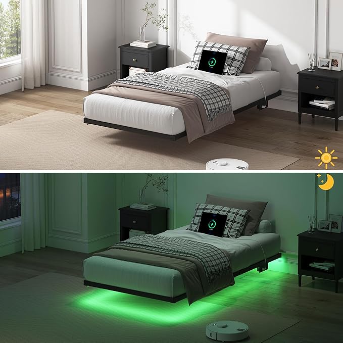 YORMDMO Floating Bed Frame Twin Size, Heavy Duty Bedframe with Smart LED Lights & Charging Station, Modern Metal Platform Bed, Easy Assembly No Box Spring Needed, 8 Inch