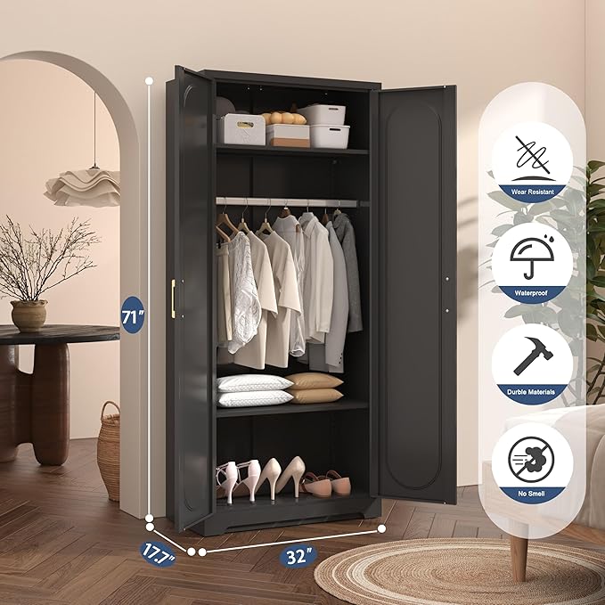 Metal Wardrobe Cabinets，Armoire Wardrobe Closet with Hanging Rod,Clothes Storage Cabinet with Adjustable Shelves and Doors, Clothing Cabinet for Bedroom, Office, Laundry Room