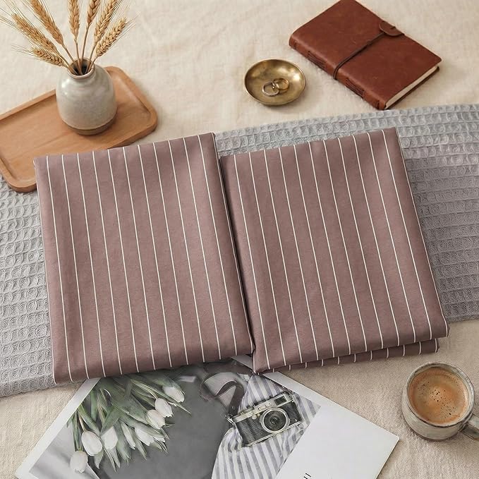 Merryword Brown Striped Pillowcases, 100% Cotton Pillow Cases, Queen Size Pillowcases, Luxury Linen Like Pillowcase, Soft Breathable Pinstripe Pillow Covers, Set of 2