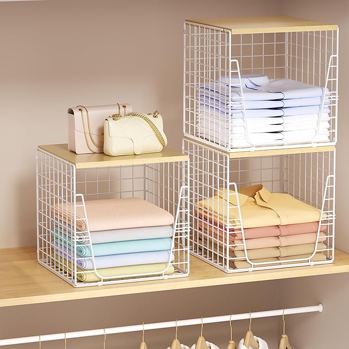 SWTYMIKI 3PCS Closet Organizers and Storage - Stackable Closet Basket with Wood Top Shelf, Clothes Storage Shelves, Clothes Drawer Bins for Wardrobe, Bedroom, Entryway, White