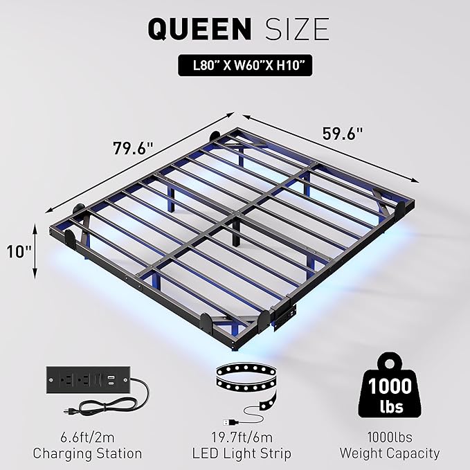 qimamo 10 Inch Floating Queen Bed Frame with Smart LED Lights and Charging Station, Modern Metal Queen Bed Frame, Easy to Assemble, No Box Spring Needed (Queen)