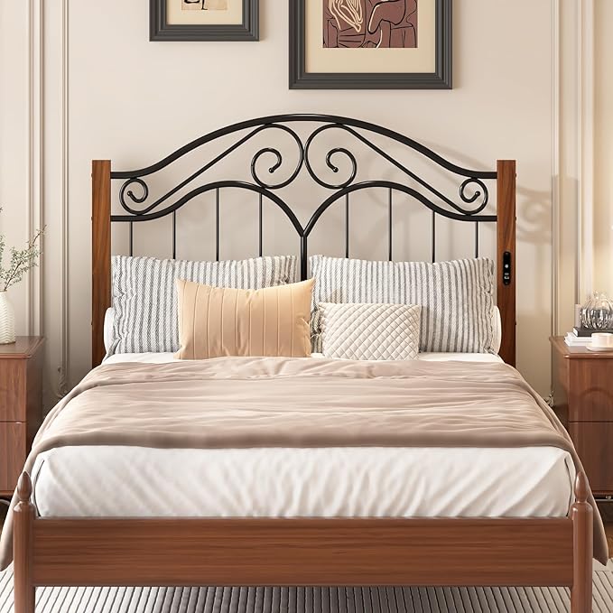 Elephance Headboard for Full Size Bed Frame with Charging Station,USB and Type C Ports, Adjustable Height,Vintage Platform Bed Full Headboard Only, Iron Legs,Easy Assembly,Black
