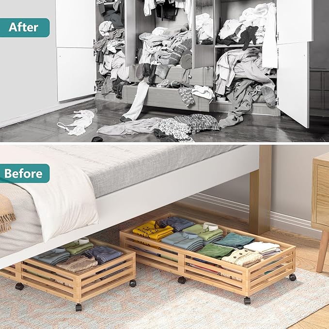 Wisuce Bamboo Under Bed Storage Containers- Underbed Organizer with Wheels with Dust Bag,Sturdy Wood Rolling Under the Bed Shoe Storage Organizer Drawers (Nature, 2 Pack (33.07"×16.54"))