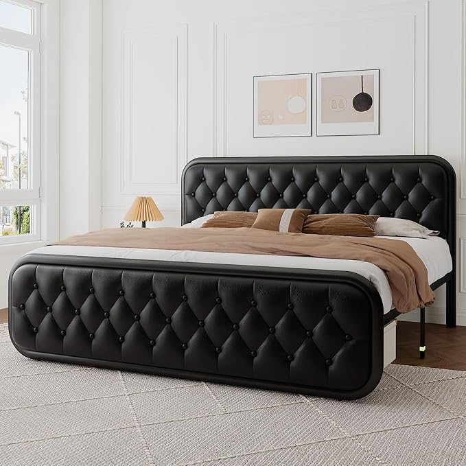 Feonase King Size Bed Frame, Upholstered Bed Frame with Faux Leather Headboard, Heavy Duty Platform Bed with Strong Metal Slats, 12 Inch Under-Bed Storage, Noise-Free, Easy Assembly, Matte Black