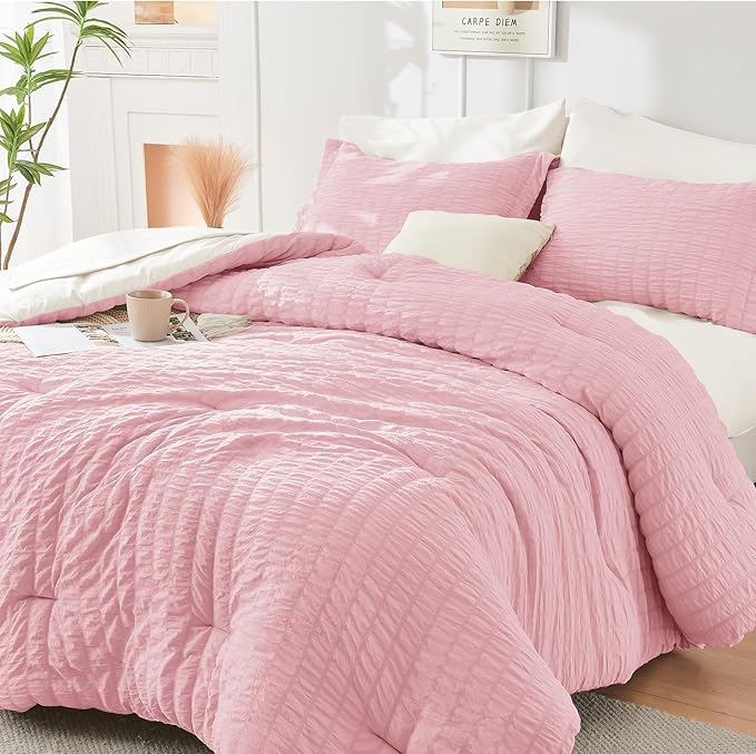 HYMOKEGE Pink/Ivory Queen Comforter Set Seersucker 7 Pieces, All Season Luxury Bed in a Bag Queen for Bedroom, Bedding Set with Comforter, Sheets, Pillowcases & Shams