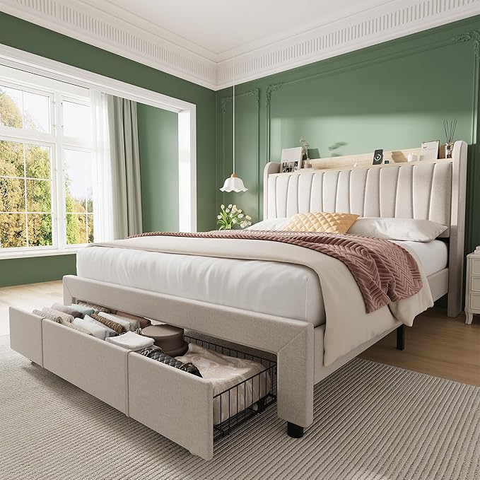 Garvee Upholstered Bed Frame Full Size with Storage Headboard and Charging Station, Platform Bed Frame with Drawers, Heavy Duty, No Box Spring Needed, Easy Assembly, Beige