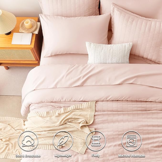 CozyLux Full Size Comforter Sets with Sheets 7 Pieces, Blush Pink Seersucker Bed in a Bag Textured Luxury Soft Bedding Sets with Down Alternative Comforter, Sheets, Pillowcases & Shams for All Seasons