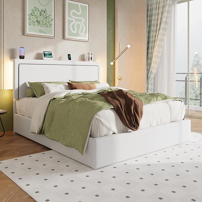 Allewie Queen Size Lift Up Storage Bed Frame with Charging Station & LED Lights, Adjustable Velvet Upholstered Storage Headboard, Type-C & USB Ports, Hydraulic Support, No Box Spring Needed, White