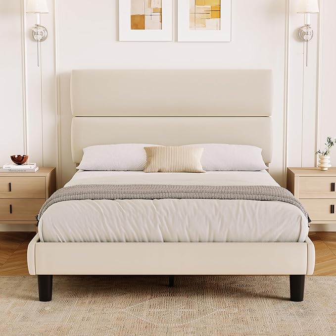 GRUSIGN Full Size Platform Bed Frame with Velvet Headboard, Adjustable Height Wooden Slats Support, Upholstered Mattress Foundation, Fits Mattress or Mattress with Box Spring, Easy Assembly, Beige