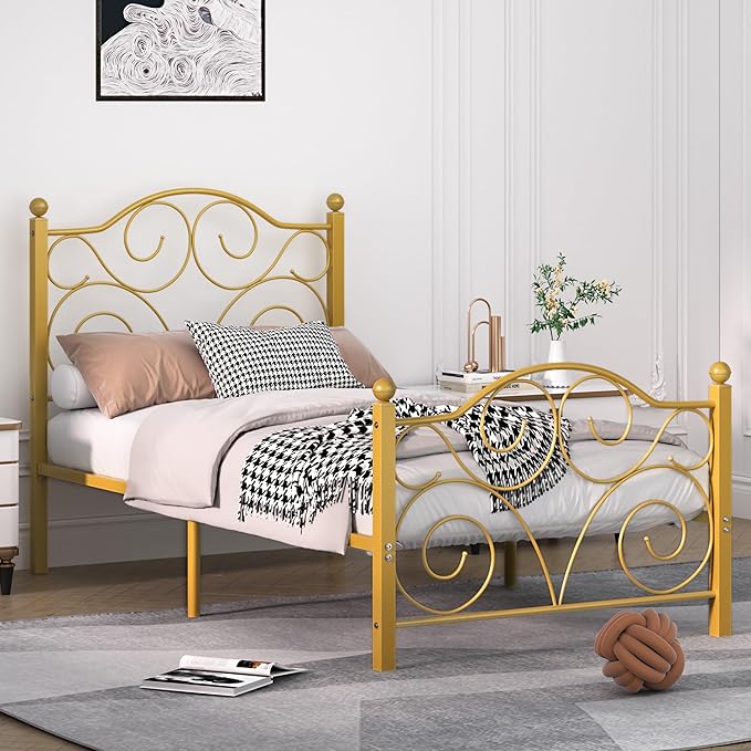 VECELO Twin Size Bed Frame with Headboard and Footboard, Heavy Duty Metal Slat Support, Platform Mattress Foundation, No Box Spring Needed, Easy Assembly, Gold