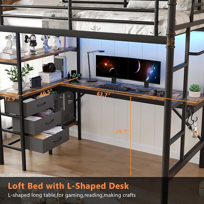 Twin Size Loft Bed with L-Shaped Desk, LED Lights,Charging Station, Industrial Heavy Duty Metal Loft Bed Frame with 3 Storage Shelves and 3 Fabric Drawers, Safety Guard & Ladder, Vintage Brown