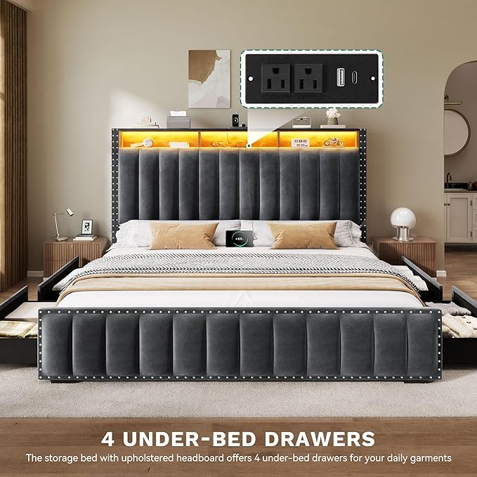 YITAHOME King Size Bed Frame wi/ 4 Storage Drawers and RGB LED Lights, Velvet Upholstered Platform Bed w/Charging Station and Bookcase Storage Headboard, No Box Spring Needed, Easy Assembly, Dark Gray