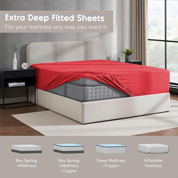 Nestl 4 Pack Red Fitted Sheet Extra Deep Pocket, Hotel Luxury Cal King Fitted Sheet Only Easily Fits 18 to 24 Inch Mattress, Super Soft, Wrinkle-Free and Breathable with Corner Straps