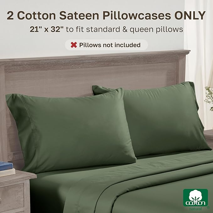 California Design Den Standard/Queen Pillow Cases Set of 2 - Luxuriously Soft Premium 600 Thread Count, 100% Cotton, Crisp Sateen, Fits Standard & Queen Pillows - Dark Olive Green