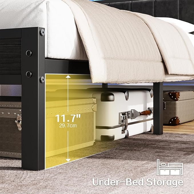 OLEVS Twin Bed Frame with LED Lights & USB Outlets, Platform Twin Bed with Storage Headboard, No Box Spring Needed, Easy Assembly