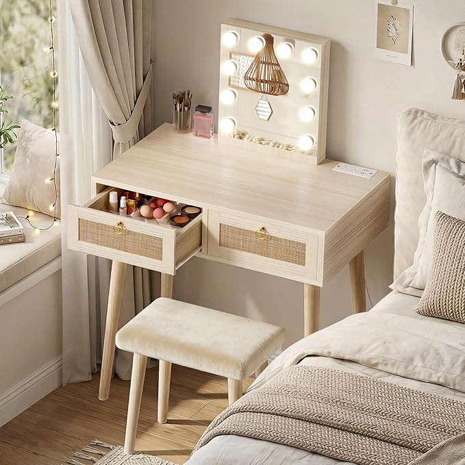 BOLUO Makeup Vanity Desk with Hollywood Mirror and Lights, Boho Girls Vanity Set with Stool, Make Up Dressing Table with Drawers and Outlet for Bedroom