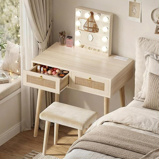 BOLUO Makeup Vanity Desk with Hollywood Mirror and Lights, Boho Girls Vanity Set with Stool, Make Up Dressing Table with Drawers and Outlet for Bedroom