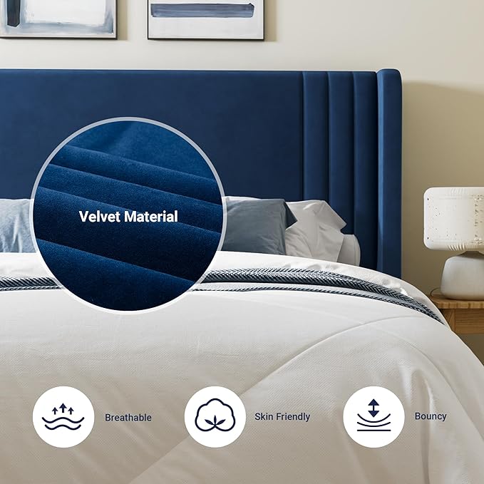 Allewie King Size Velvet Platform Bed Frame with Vertical Tufted Wingback Headboard, Easy Assembly, Under Bed Storage, No Box Spring Required, Modern Style, Blue