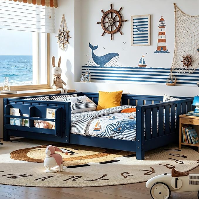 Bellemave Full Size Floor Bed Frame with Fence & Bookshelf, Solid Pinewood Montessori Floor Bed Full with Slats Load 550LBS, Low Profile Floor Bed for Kids, Bedroom, Nursery, Easy Assembly, Blue