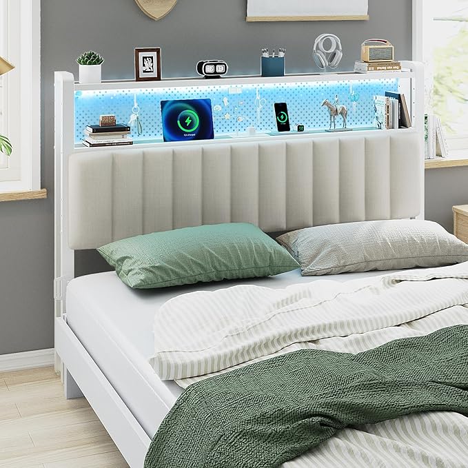 VINGLI King Size Headboard for Bed,Upholstered Headboards with Storage, Charging Stations and LED Lights, 2 Tier Shelves and Pegboard, Modern Bed Head Board, Adjustable Height, White