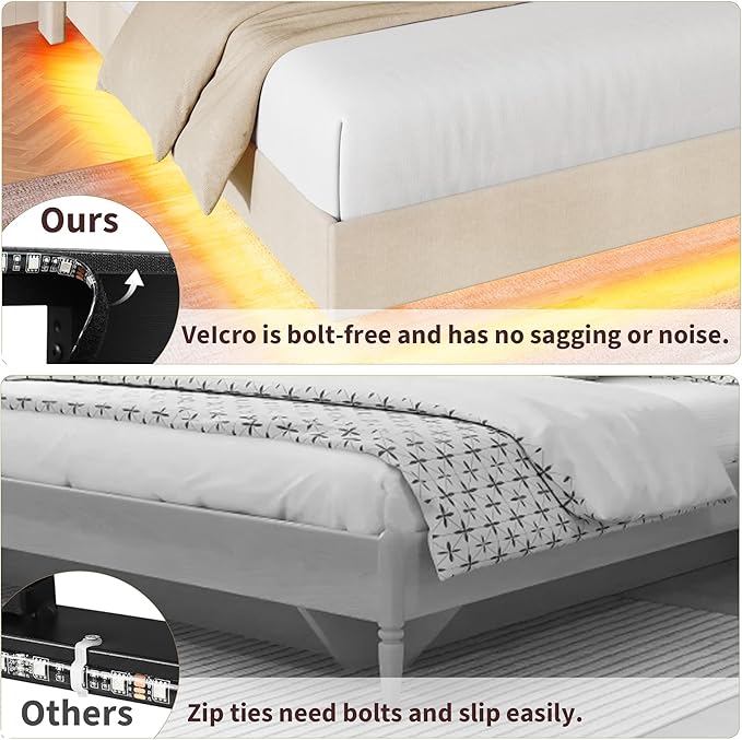 Garvee King Size Floating Bed Frame with RGB LED Lights and Charging Station, Upholstered Platform Bed with Storage Headboard and Button Tufted Design, No Box Spring Needed, Beige