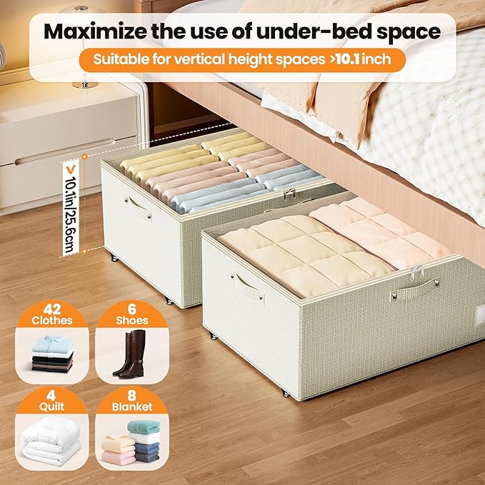 Dayacoco Under Bed Storage With Wheels,10 Inches Under Bed Storage Containers,65L Large Capacity,No Assembly Required Rolling Under Bed Storage for Clothes,Blankets,Shoes,Beige