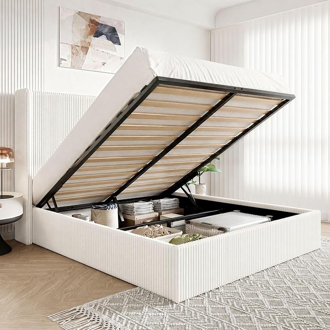 Allewie Queen Size Lift-Up Storage Bed Frame with Modern Wingback Headboard, Corduroy Upholstered Platform Bed, Hydraulic Gas Lift Support, Underbed Storage, Wooden Slats, No Box Spring Needed, White
