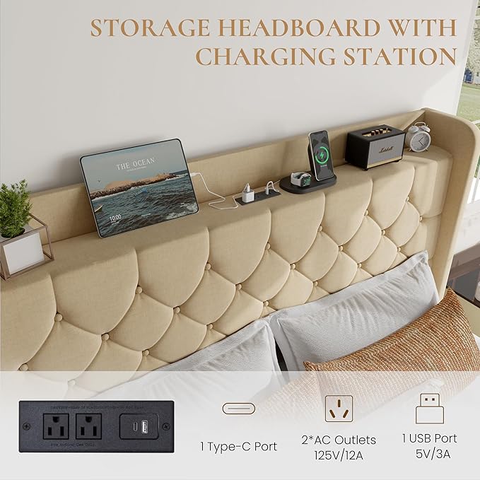 SHA CERLIN Queen Size Platform Bed Frame with Charging Station, Linen Wingback Headboard with Storage Shelf, Wooden Slats Support, Ample Under-Bed Space, No Box Spring Needed, Easy Assembly, Beige
