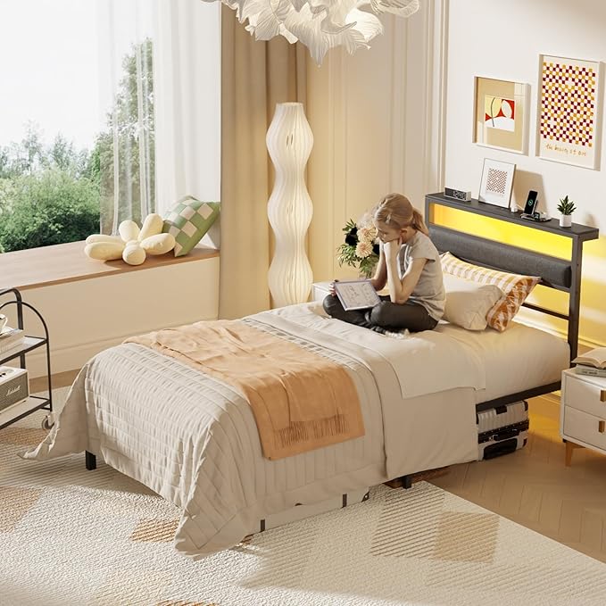 OURPIC Twin Bed Frames for Kids, Metal Platform Bed Frame Twin Size with Charging Station and LED Lights, Upholstered Headboard and Storage Shelf, No Box Spring Needed, Easy Assembly