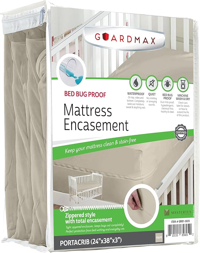 Guardmax Portacrib Mattress Encasement with Zipper, Waterproof, Bed Bug Proof, Dust Mite Proof Mattress Protector for Portacrib Size Bed to 3" Deep, Zippered All Around Jersey Knitted Mattress Cover