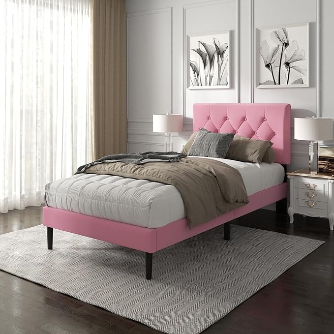 HAOARA Twin Size Platform Bed Frame with Upholstered Button Tufted Headboard, Mattress Foundation with Wooden Slat Support, Noise Free, No Box Spring Needed, Easy Assembly, Pink Velvet