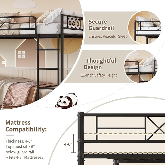 Garvee Bunk Bed Twin Over Twin for Adults & Teens, Heavy Duty 2-Tier Bed with Stairs, Full-Length Guardrail & Metal Slats, No Box Spring Required, Space Saving, Matte Black