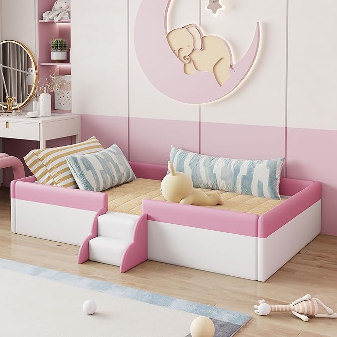 Merax Full Size Daybed Frame with Fence, Stairs, Upholstered Wood Bed for Living Room, Floor Bed, White+Pink