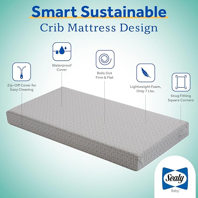 Sealy Butterfly 2-Stage Dual Firm Antibacterial Foam Baby Crib Mattress & Toddler Bed Mattress, Hypoallergenic Waterproof Memory Foam Crib Mattress, GREENGUARD GOLD Certified,Made in USA,52"x28",White