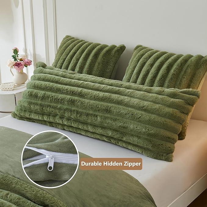 MEGO Luxury Faux Rabbit Fur Body Pillow Cover, Soft Fluffy Plush Wide Striped Bedroom Green Body Pillowcase 20x54, Furry Fuzzy Long Bed Pillow Case with Zipper for Adults Girls Teens Kids, Sage Green