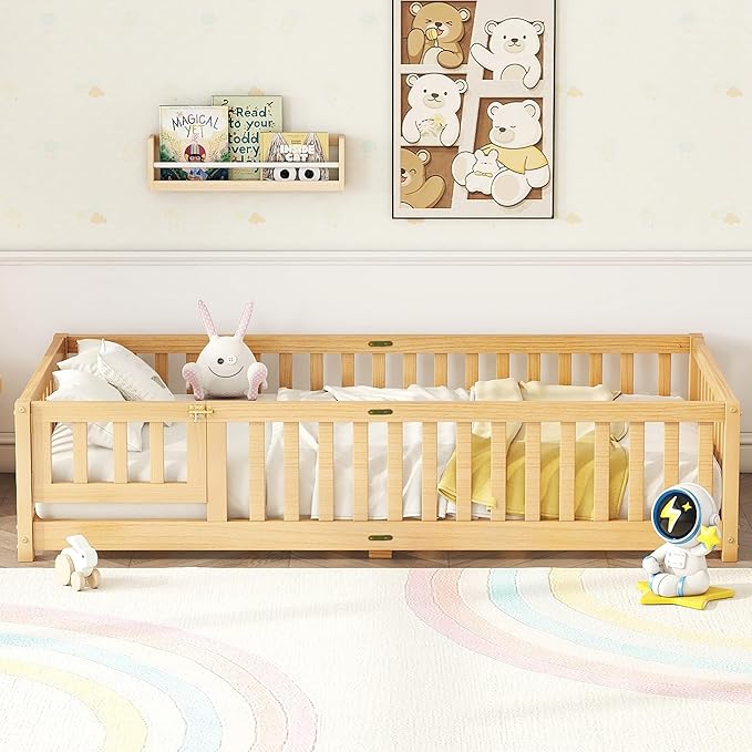 Bellemave Twin Floor Bed with Slats and Door, Twin Size Montessori Floor Bed with Fence and Door, Easy Assemble Montessori Beds Frame for Girls, Boys, Natural