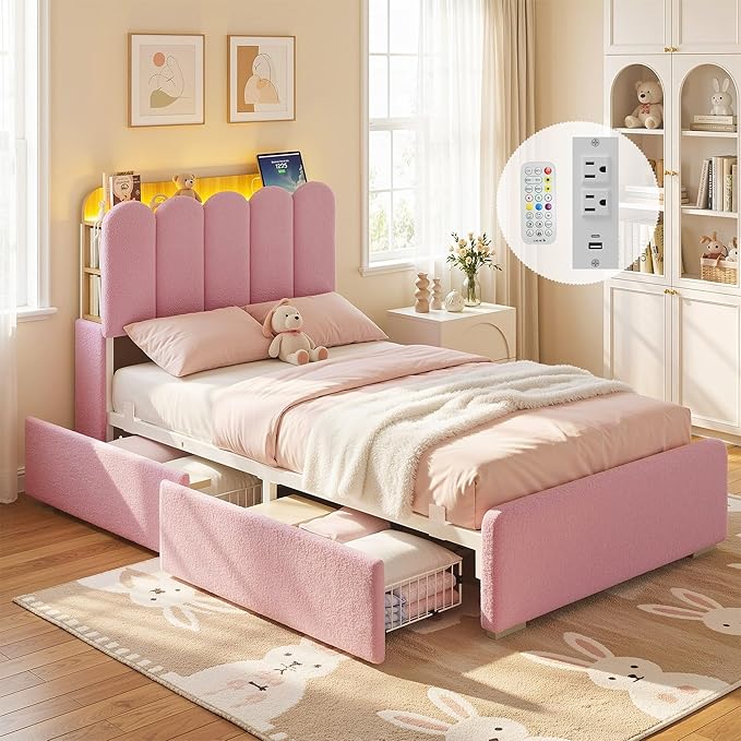 LIKIMIO Twin Bed Frame with 2 DIY Storage Drawers, Bouclé Headboard with Charging Station and LED Lights, Sturdy and Stable, No Box Spring Required, Easy Assembly, Pink