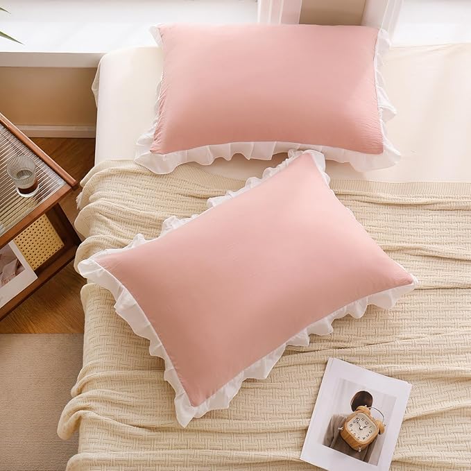 Merryword Pink Pillow Shams Pink and White Reversible Queen Pillowcases Cute Pillow Cover Set of 2 Soft Shabby Chic Ruffled Pillowcases 2 Pack (Queen (20''x30''), Pink White)