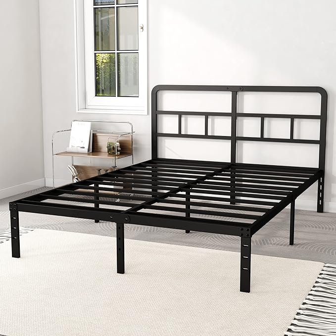 DiaOutro 14 Inch Queen Bed Frame with Headboard No Box Spring Needed, Heavy Duty Metal Queen Size Platform with Steel Slat, Mattress Foundation, Easy Assembly, Noise Free, Black