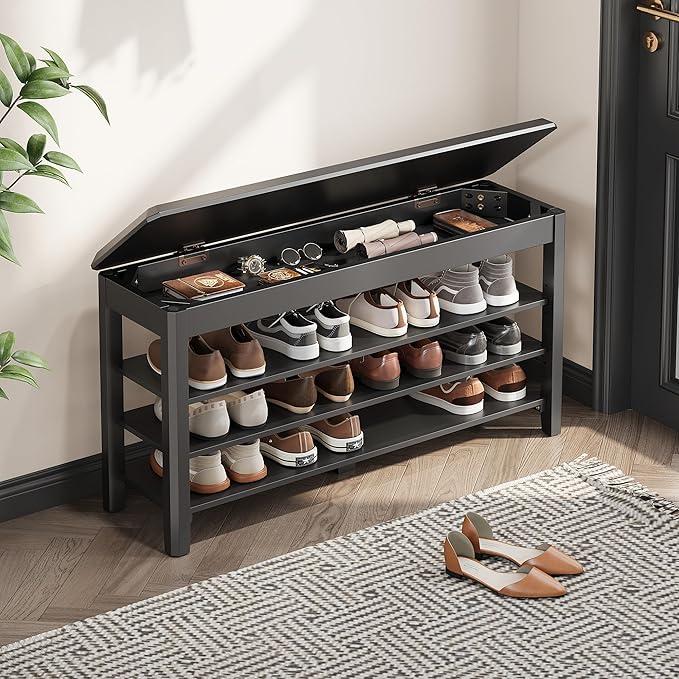 IUNVR Shoe Rack Bench Seat Rubberwood 3-Tier Wooden Storage Bench 550lbs Compact Mid-Century Modern Design for Entryway, Hallway, Closet, Front Door Entrance, Foyer