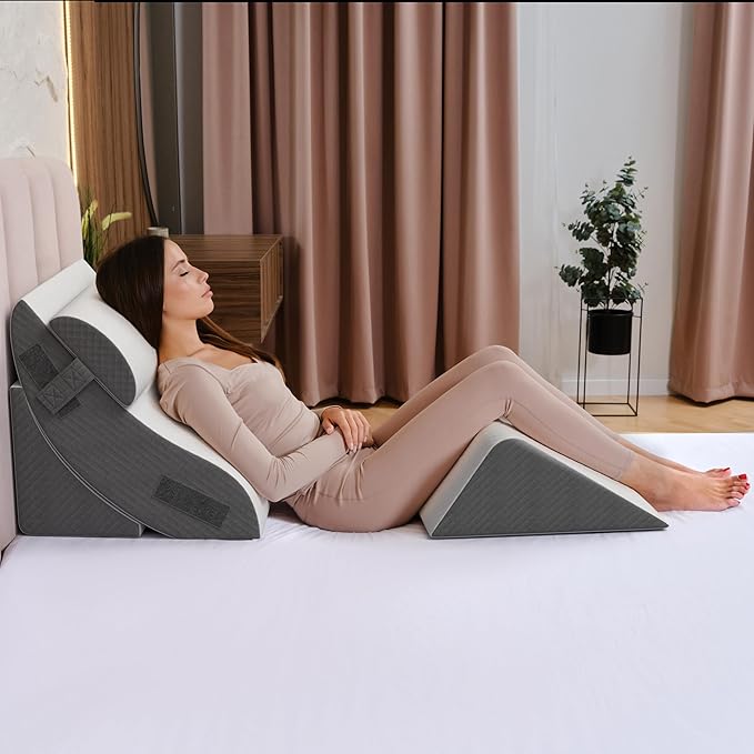 Kolbs Bed Wedge Pillow for Sleep Apnea, FSA Eligible Acid Reflux, and Back Pain Relief, with Chic Jacquard Cover - Headboard Wedges for Sleeping (4 Piece Wedge Set)