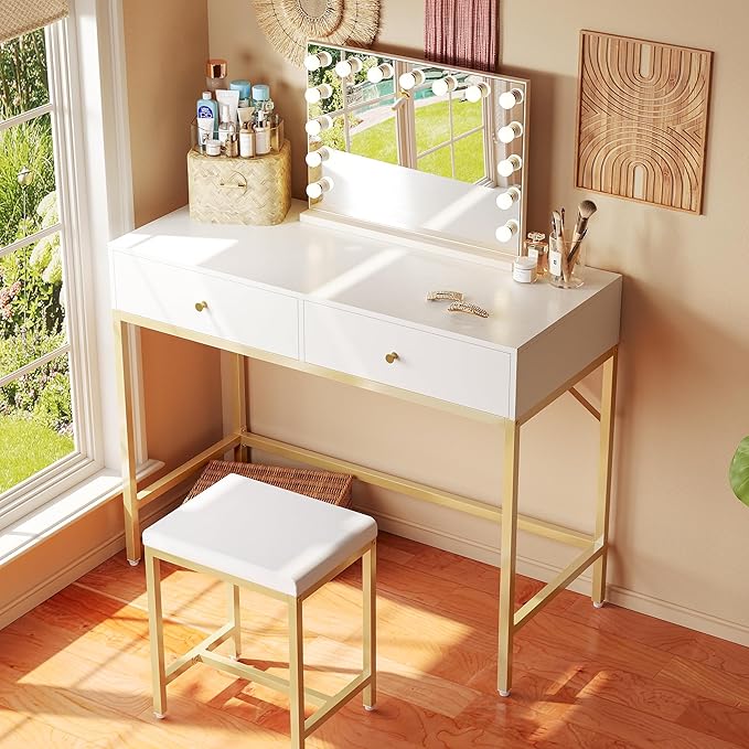 SUPERJARE 31.5" White and Gold Desk with 2 Drawers, Modern Makeup Vanity with Padded Stool, Small Computer Desk Home Office Desk for Writing Study Bedroom