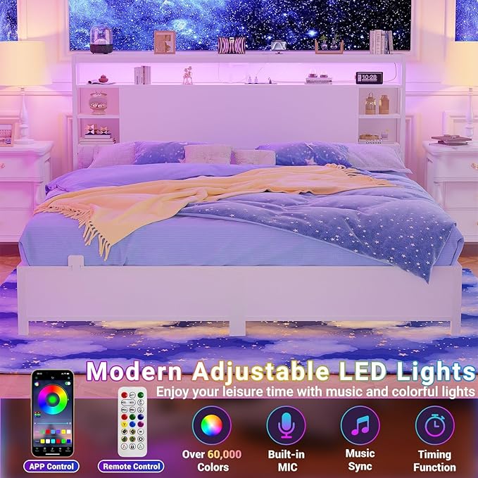 Unikito King Size Headboard with Storage, Headboards with Power Outlets and RGB LED Light, Sturdy Head Board for King Size Bed, Stable Headboards Only for Bedroom, Dorm Room, Guest Room, White