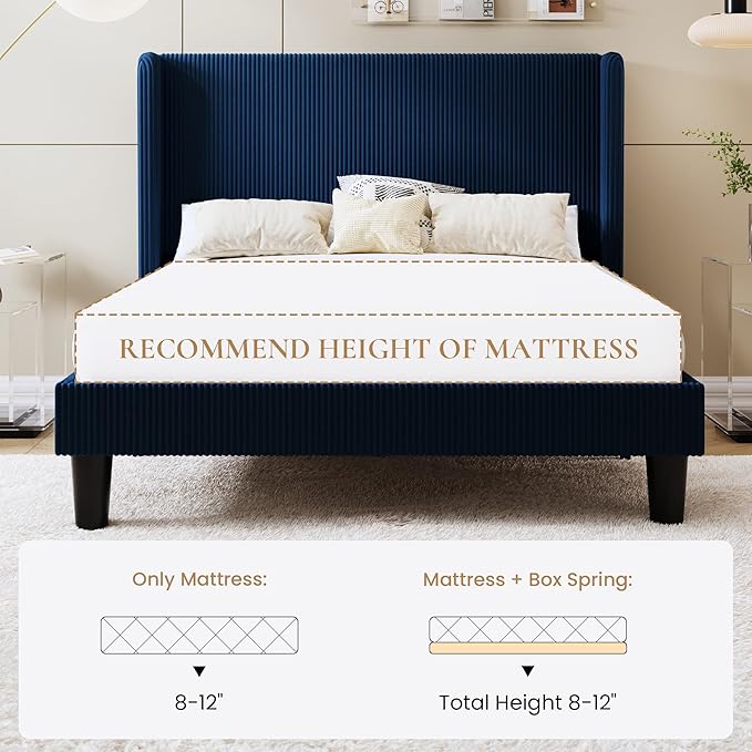 SHA CERLIN Queen Size Corduroy Upholstered Platform Bed Frame with Vertical Channel Tufted Wingback Headboard, 8" Under Bed Storage, Wooden Slats & Metal Frame Support, Easy Assembly, Dark Blue