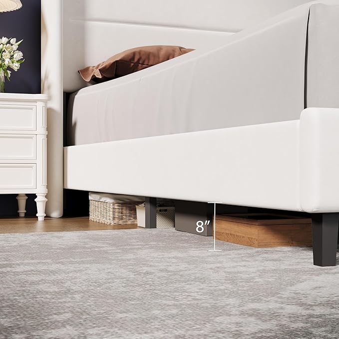 Garvee King Size Bed Frame with Wingback Headboard, Velvet Upholstered Platform Bedframe with Wood Slats, No Box Spring Needed, Easy Assembly, White