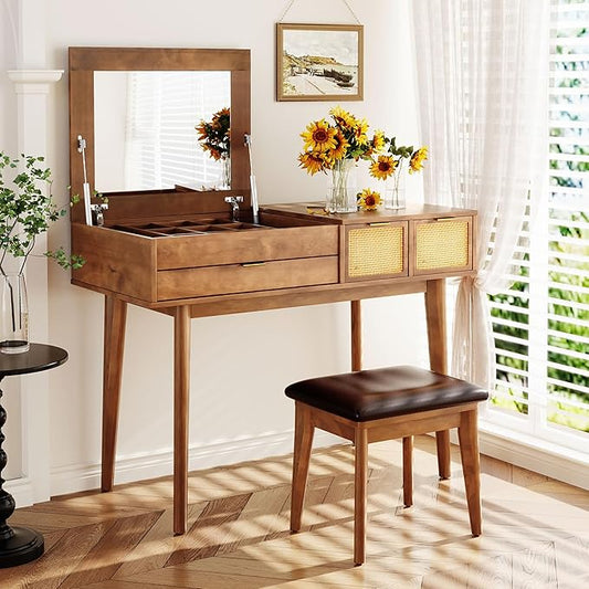 Vanity Table Set with Flip-top Mirror and Cushioned Stool, 43.3" Classic Wood Makeup Vanity Set, Dressing Table with 3 Woven Rattan Drawers and Storage Space for Bedroom (Brown with Flip-top Mirror)
